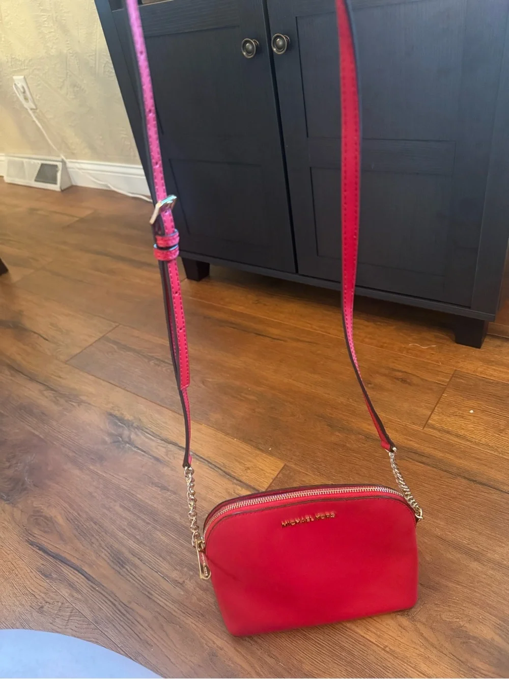 Michael Kors Red Saffiano Crossbody Camera Bag with Chain Detail